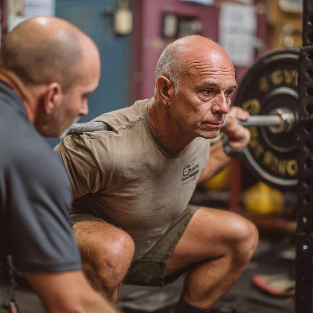 Чоловік віком 58 років виконує присідання зі штангою під наглядом тренера