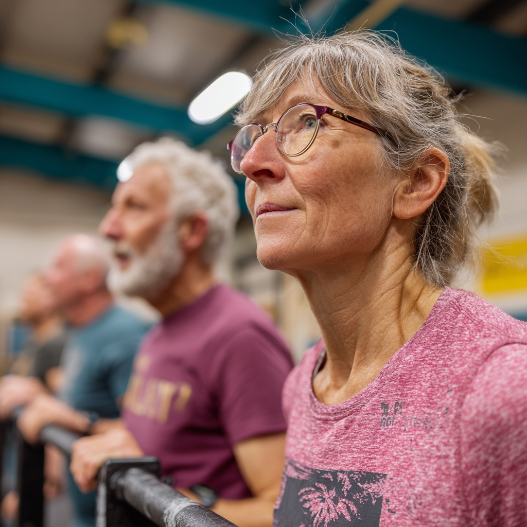 Група активних людей віком 55-62 роки займається функціональним тренуванням разом з інструктором