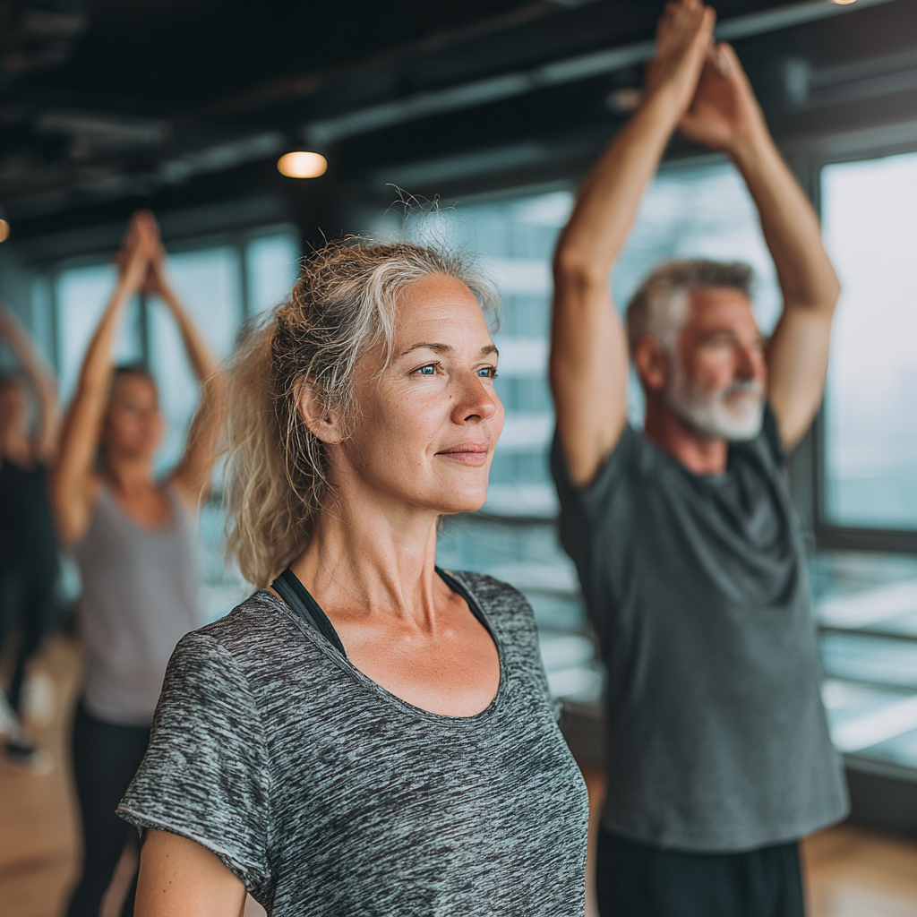 Група людей віком 50-60 років займається аеробікою у світлому фітнес-залі