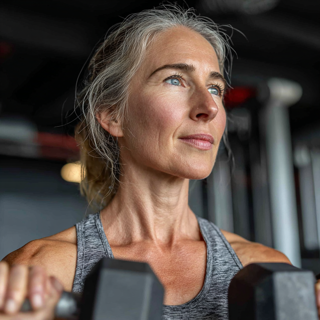 Активна жінка віком 55 років виконує силові вправи з гантелями у фітнес-залі